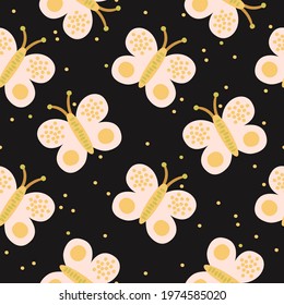 Cute cartoon butterflies seamless repeat pattern on black background. Boho neutral kids design for clothes, nursery decor, paper, cover, fabrics and more
