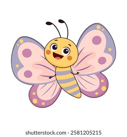 Cute cartoon butterfly with colorful wings and cheerful smile isolated on transparent background. Perfect for kids designs, educational materials, and playful themes. Vector illustration.