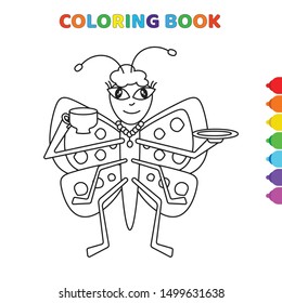 cute cartoon butterfly drinking tea coloring book for kids. black and white vector illustration for coloring book. butterfly drinking tea concept hand drawn illustration