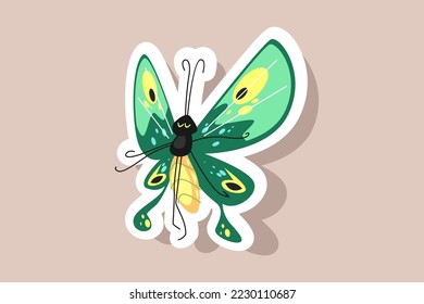 Cute cartoon butterfly flying vector illustration. Beautiful flying insect with green wings, cute face and big eyes. Funny mascot character