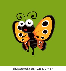 Cute cartoon butterfly in isolated green background vector illustration icon