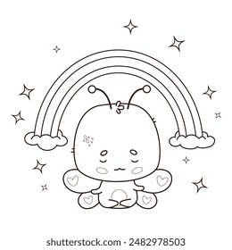 Cute cartoon butterfly meditating under rainbow. Outline kawaii animal character. Line drawing, coloring book. Vector illustration. Kids collection