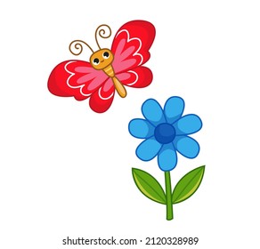 A cute cartoon butterfly pollinates a blue tulip flower. Insect drawing in children's style. Colored summer illustrations with plants.