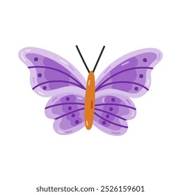 Mariposa linda de la historieta con alas púrpuras. Insectos voladores tropicales y de jardín. Símbolo de moda de Y2k, años 90 y 00. Mariposa simple dibujada a mano aislada sobre fondo blanco. Nostalgia por la estética de los 90.