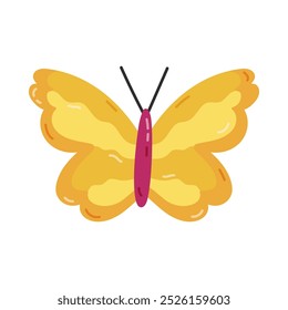 Linda mariposa de dibujos animados con alas amarillas. Insectos voladores tropicales y de jardín. Símbolo de moda de Y2k, años 90 y 00. Mariposa simple dibujada a mano aislada sobre fondo blanco. Nostalgia por la estética de los 90.