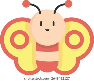 Cute cartoon butterfly with yellow wings outlined in red, red and beige body, smiling face, and red-tipped antennae, designed in a playful flat style for children's illustrations