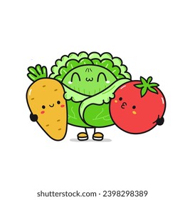 Cute cartoon cabbage hugging carrot and tomato. Cartoon doodle vector illustration design