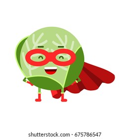 Cute cartoon cabbage superhero in mask and red cape, colorful humanized vegetable character vector Illustration