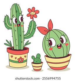 Cute cartoon cacti in colorful pots with cheerful expressions.