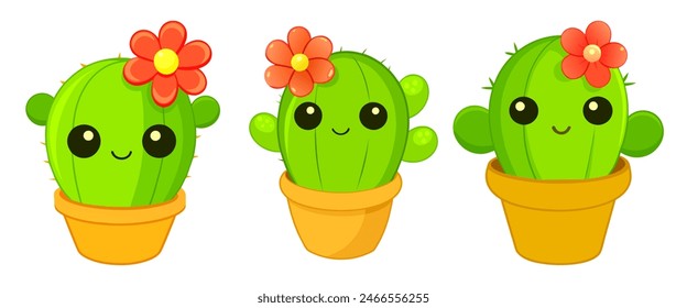 Cute cartoon cacti with flower in pots on white background, vector illustration, isolated