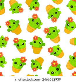 Cute cartoon cacti with flower in pots on white background, vector seamless pattern