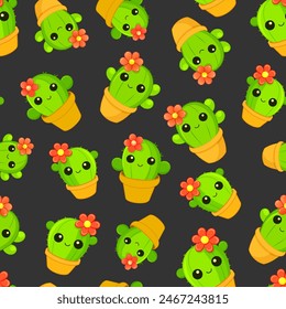 Cute cartoon cacti with flower in pots on black background, vector seamless pattern