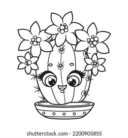 Cute cartoon cacti with flowers outlined for coloring page on white background