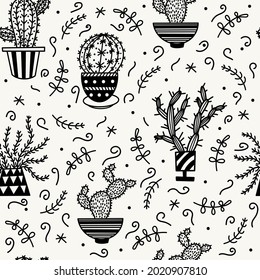Cute cartoon cacti seamless vector pattern. Hand-drawn black doodle. Outline succulents. Thorny plants in pots. Botanical sketch. Beautiful vintage flowers with thorns. Monochrome.