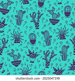 Cute cartoon cacti seamless vector pattern. Hand-drawn color doodle. Outline succulents. Thorny plants in pots. Botanical sketch. Beautiful vintage background with home flowers. 