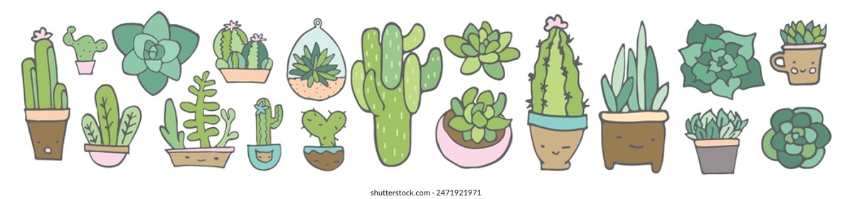 
Cute cartoon cacti and succulents in pots, colorful doodles, perfect for nature-themed designs.