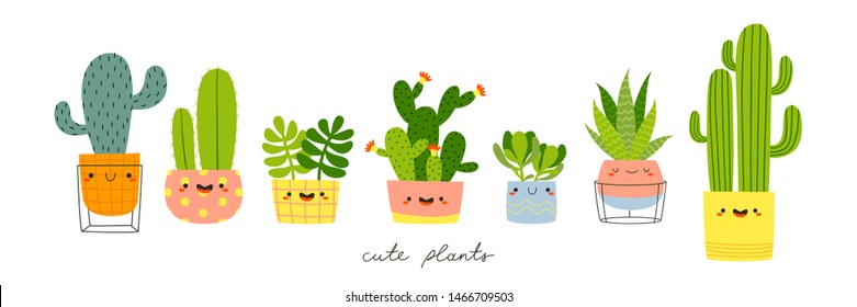 cute cartoon cacti and succulents set on white background. Vector illustration set with different cacti and succulents with funny faces for stickers, banners, cards and posters in simple flat style