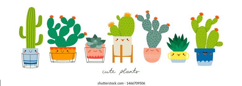 cute cartoon cacti and succulents set on white background. Vector illustration set with different cacti and succulents with funny faces for stickers, banners, cards and posters in simple flat style