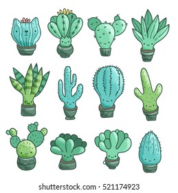 Cute cartoon cacti and succulents set. Funny cat plant in the pot.