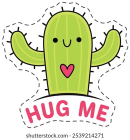 Cute cartoon cactus with arms wide open, showing a heart for a warm hug. Smiling and cheerful, radiating joy and positivity, like a playful friend welcoming you