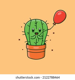 Cute cartoon cactus with balloon in vector illustration. Nature isolated vector. Flat cartoon style
