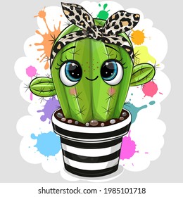 Cute Cartoon Cactus with bow with eyes on the blobs background