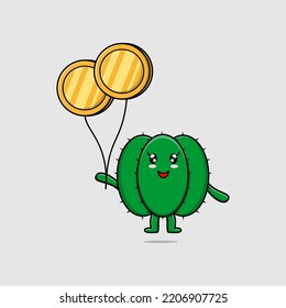 Cute cartoon cactus businessman floating with gold coin balloon cartoon vector illustration
