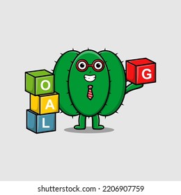 Cute cartoon cactus businessman stacking goal box in flat modern style design