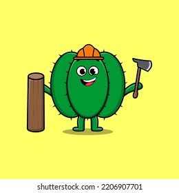 Cute cartoon Cactus as carpenter character with ax and wood illustration in flat modern style