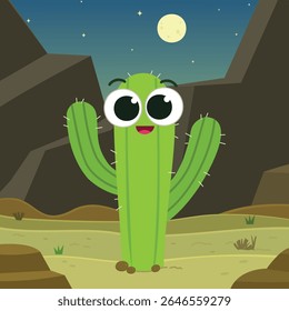 Cute cartoon cactus character with big eyes in a desert night scene. Perfect for kids' projects, animations, games, and playful nature-themed designs.