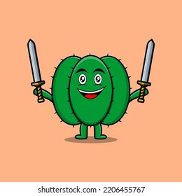 Cute cartoon cactus character holding two sword in 3d modern design