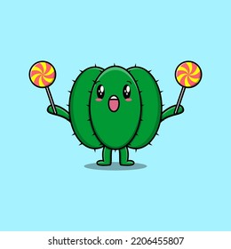 Cute cartoon cactus character holding lollipop candy in flat cartoon illustration