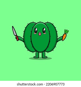 Cute cartoon Cactus character holding knife and carrot in modern style design