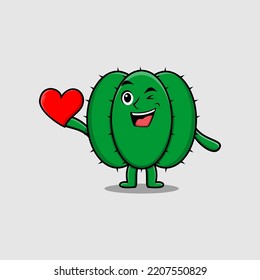 Cute cartoon Cactus character holding big red heart in modern style design illustration