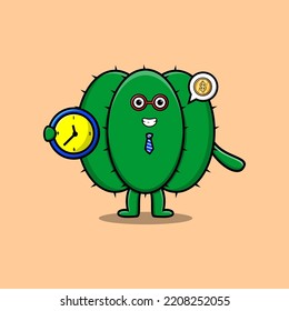 Cute cartoon Cactus character holding clock illustration with happy expression