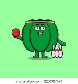 Cute cartoon cactus character playing bowling in flat modern style design illustration