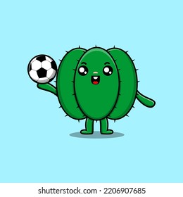 Cute cartoon cactus character playing football in flat cartoon style illustration