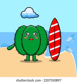 Cute cartoon Cactus character playing surfing with surfing board