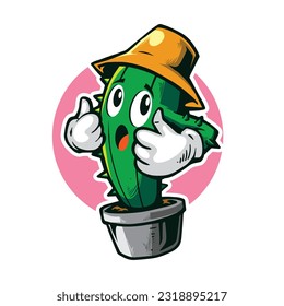 Cute cartoon cactus character in pot