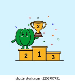 Cute cartoon Cactus character as the second winner with happy expression in modern illustration