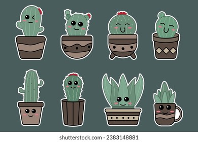 Cute cartoon cactus character set. Cute vector illustration