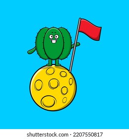 Cute cartoon Cactus character standing on the moon with flag in 3d modern design illustration