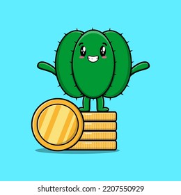 Cute cartoon Cactus character standing in stacked gold coin vector illustration in flat cartoon