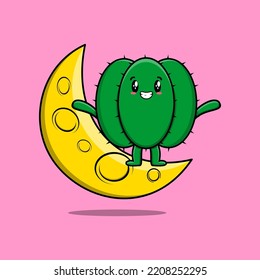 Cute cartoon Cactus character standing on the crescent moon in 3d modern design illustration