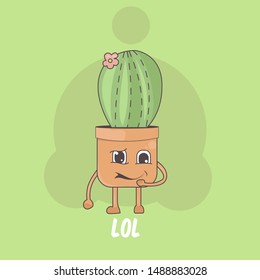 cute cartoon cactus character and succulent with  face in a pot and with a plant