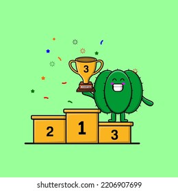 Cute cartoon Cactus character as the third winner with happy expression in modern illustration