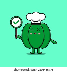 Cute cartoon cactus chef character holding correct sign board in vector character illustration