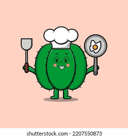 Cute cartoon Cactus chef character holding pan and spatula in flat cartoon style illustration