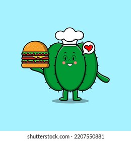 Cute cartoon Cactus chef character holding burger in flat cartoon style illustration
