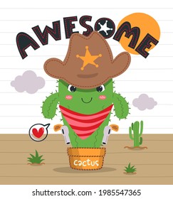 Cute cartoon cactus cowboy in the desert on striped background illustration vector.